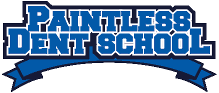 Logo for "Paintless Dent School" in blue block letters with a blue ribbon underneath, perfect for a website header.