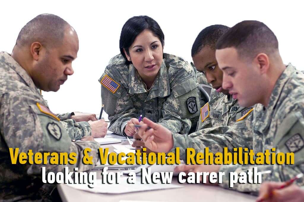 Four military personnel in uniform sit at a table, engaged in discussion. Text reads: "Veterans & Vocational Rehabilitation looking for a New career path. Explore opportunities in Hail Repair.