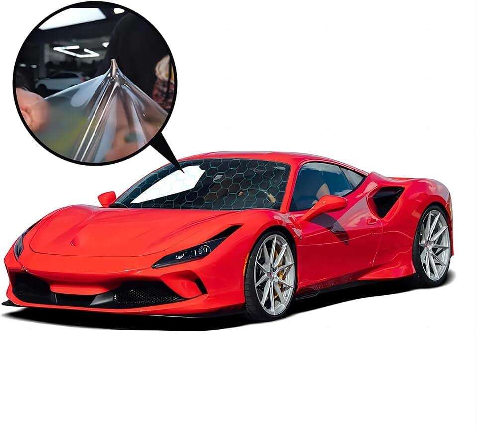 A red sports car with a pointed side rear mirror. An inset image highlights a close-up of paint protection film being applied to the car's exterior.